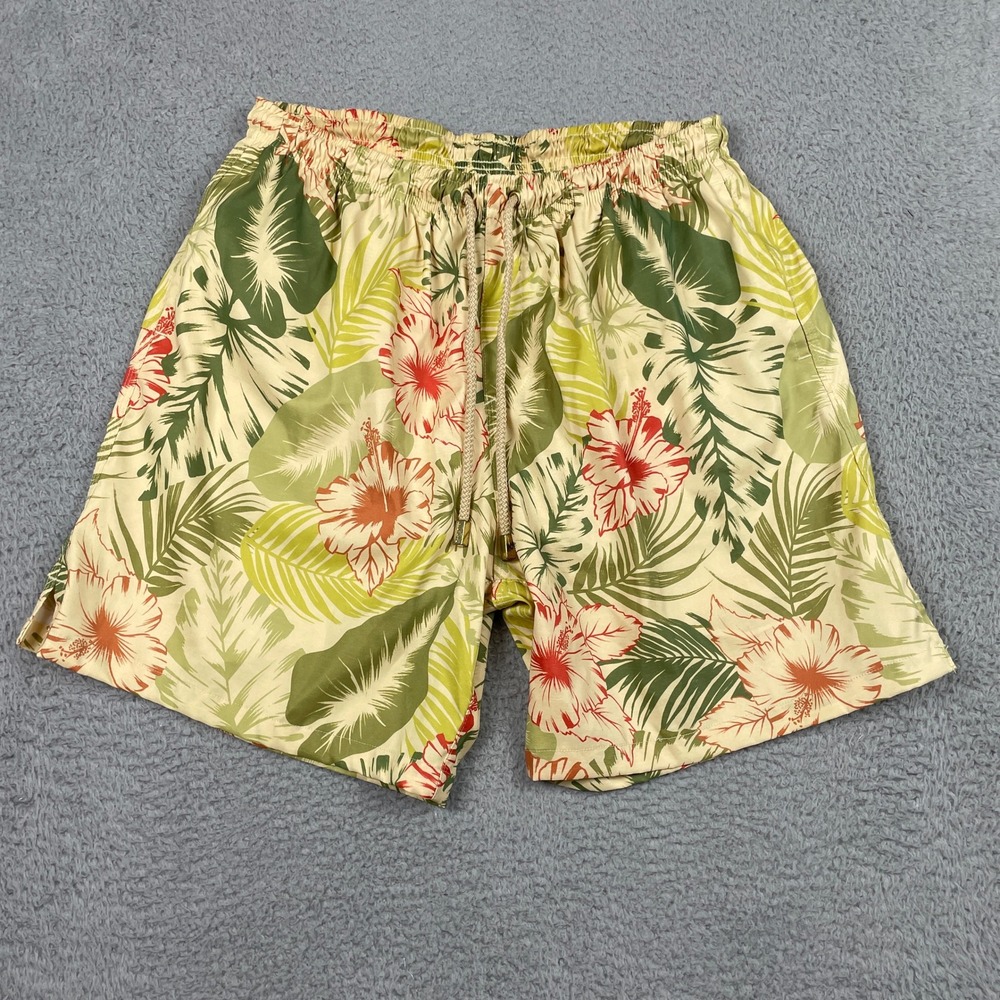 Kenny Flowers Tropical Hibiscus Swim Trunks Men XL Tan Green Floral Board Shorts